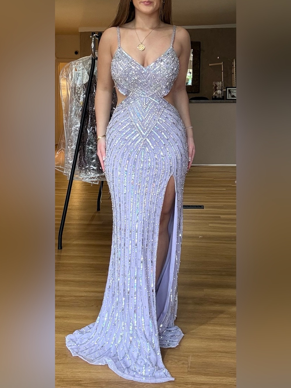 Elegant Purple Beaded Evening Gown with Side Cutouts and Slit